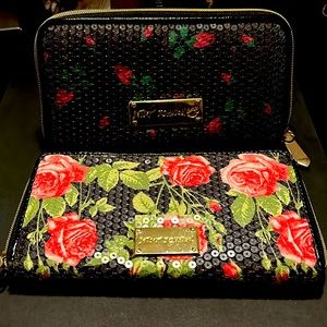 2 Betsey Johnson large zippy iridescent rose & rosebud wallets.